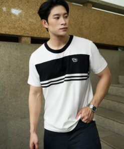 Men's T-shirt with Embroidered Logo and Edge Striped Fabric Regular Form