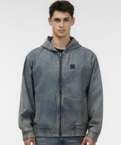 Men's Denim Jacket With Elastic Waistband Blue Washed Regular Form