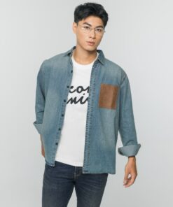 Men's Denim Shirt Patterned Heat-Embossed Chest Pocket Regular Form